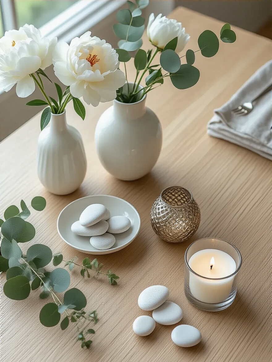 A beautiful and organized flat lay of various elegant kitchen table centerpiece components like flowers, vases, and decorative elements, arranged as if being thoughtfully chosen or grouped. This represents budgeting and planning for the perfect kitchen table decor project.