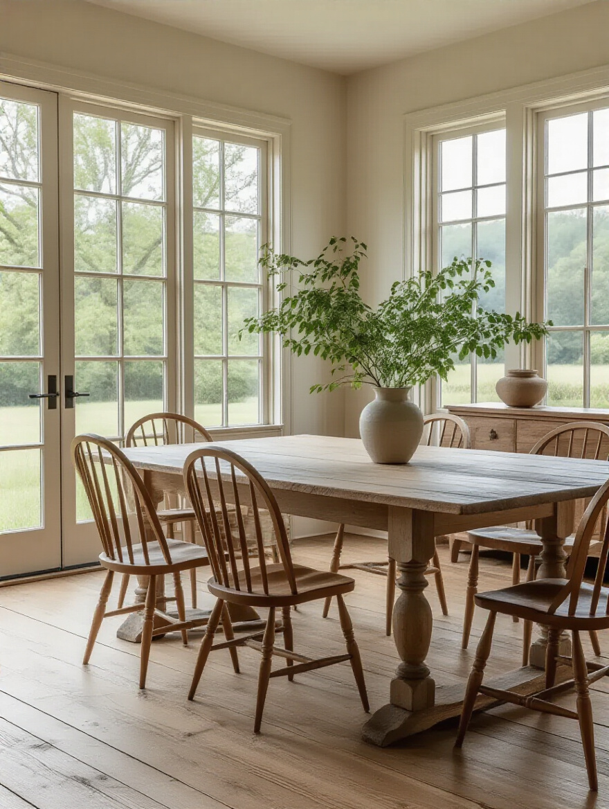 Farmhouse dining room planning with various chair options, reflecting careful budget consideration and realistic investment for a farmhouse dining table.