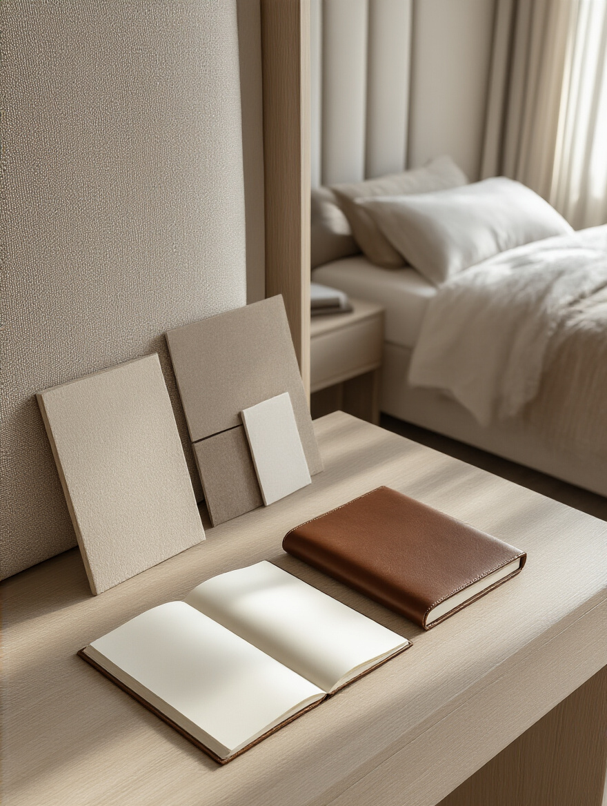 A serene master bedroom corner with a minimalist desk, open notebook, and a curated mood board with fabric swatches, suggesting careful budget and timeline planning.