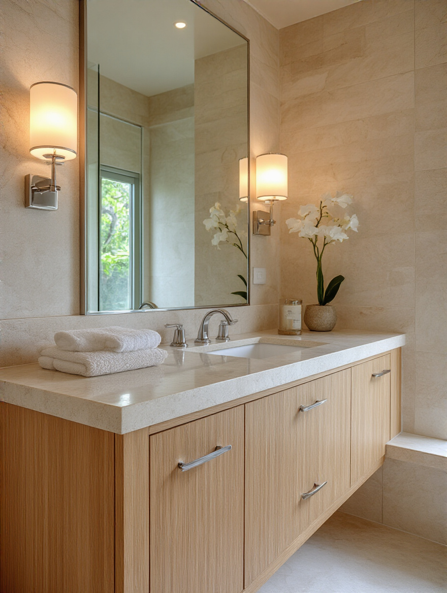 Pristine luxury beach bathroom vanity with clean natural stone, teak accents, and sparkling light fixtures, emphasizing material preservation and cleanliness.