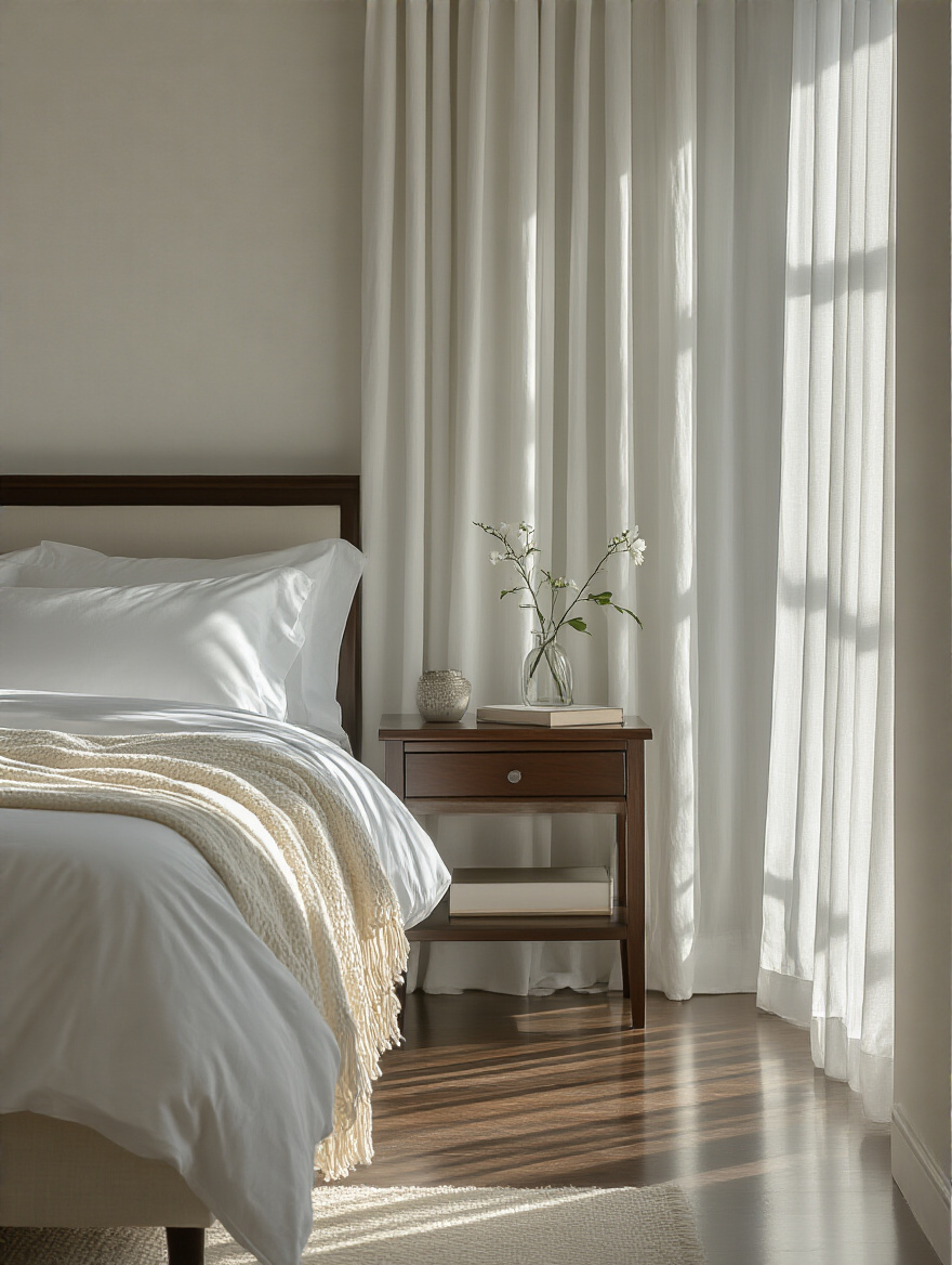 A pristine and organized master bedroom with fresh white linens, a polished nightstand, and abundant natural light, representing a well-maintained space for long-term comfort and tranquility. No people are present.