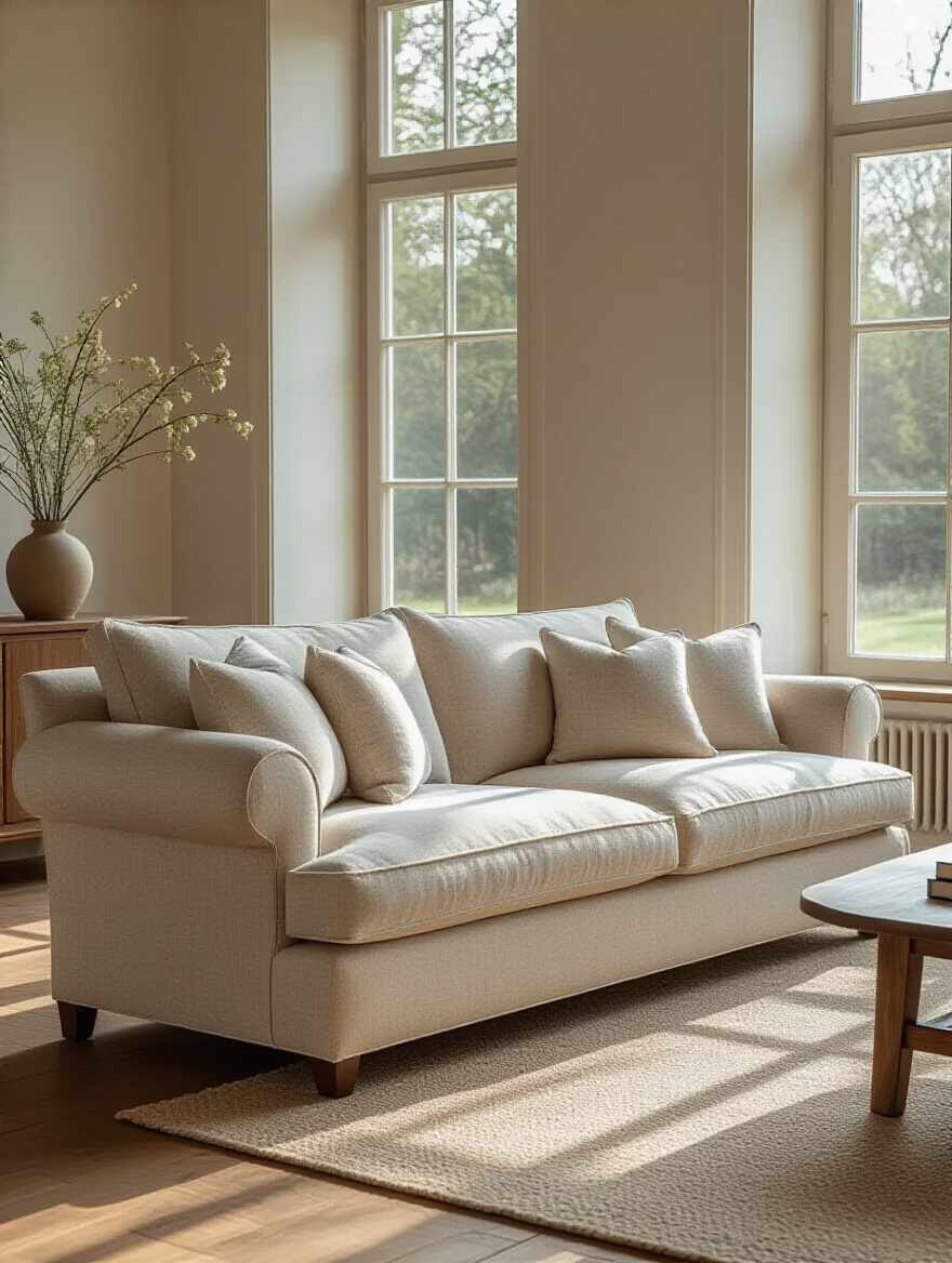 Elegantly designed living room with a premium, durable living room couch, representing a quality investment and thoughtful budgeting.