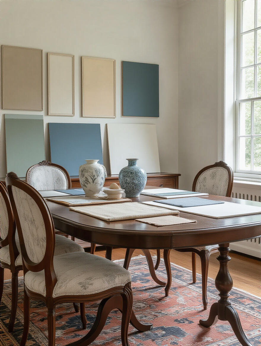 Dining room with a polished wooden table, elegant dining chairs, and a vintage rug, showcasing fabric swatches and large painted foam core boards. The scene illustrates the evaluation of existing furniture and decor for paint compatibility, emphasizing color and texture coordination in interior design.