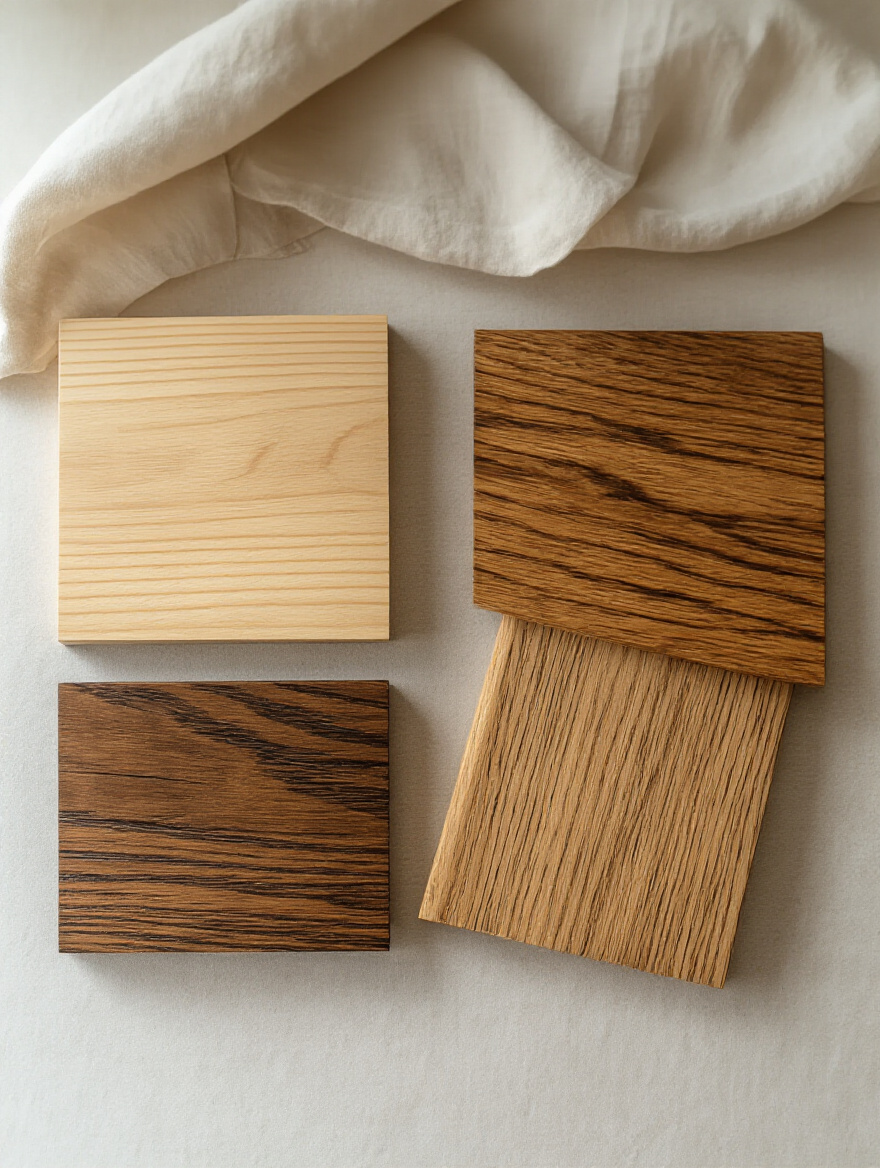 A curated display of wood samples like pine, oak, and maple, each with a different farmhouse finish (oil, polyurethane, lacquer), demonstrating variations in grain, color, and sheen for evaluating wood type and finish durability for a dining table.