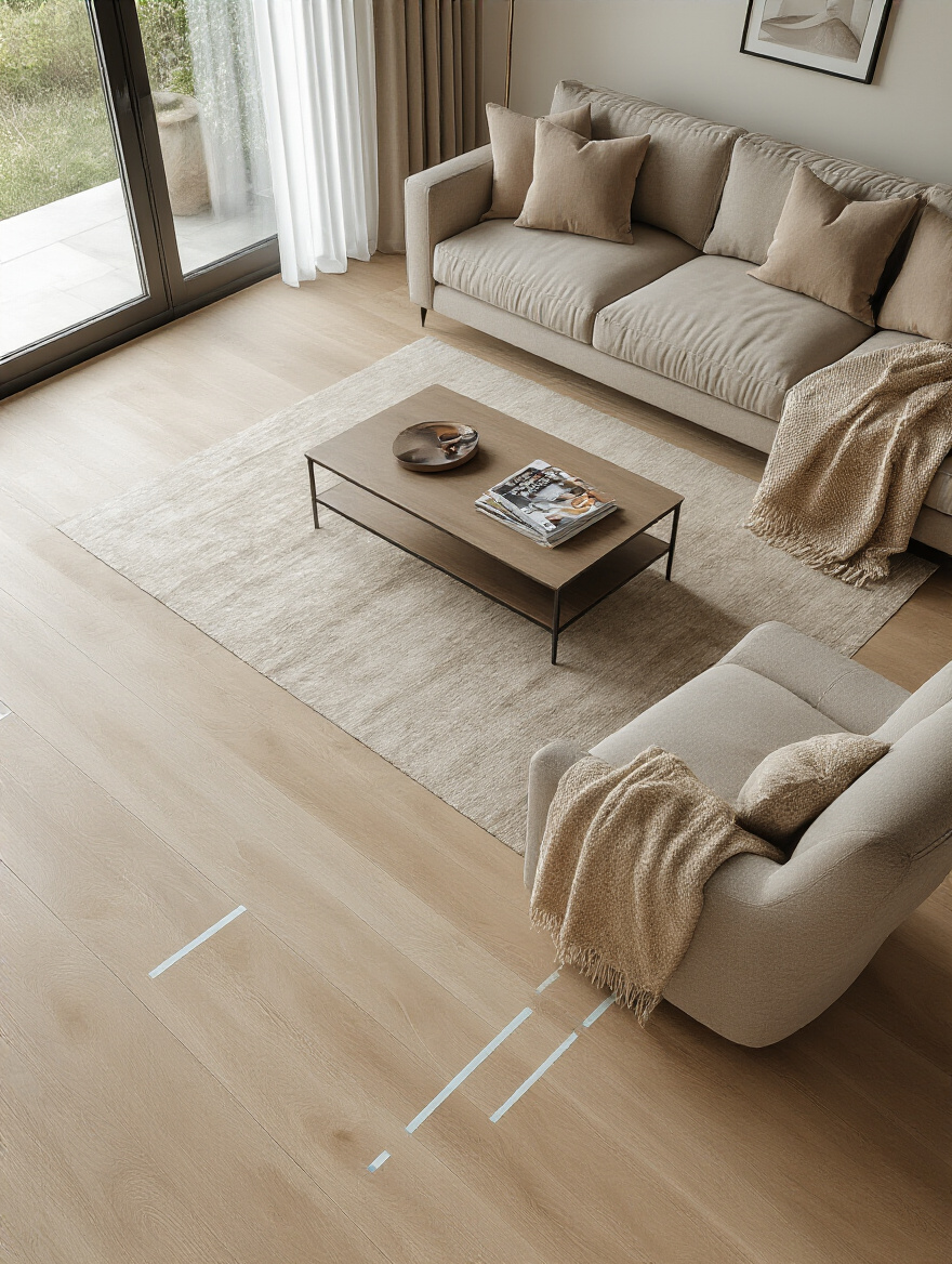 A modern living room floor marked with painter's tape outlining couch dimensions, showcasing careful space planning for optimal seating capacity, no people.