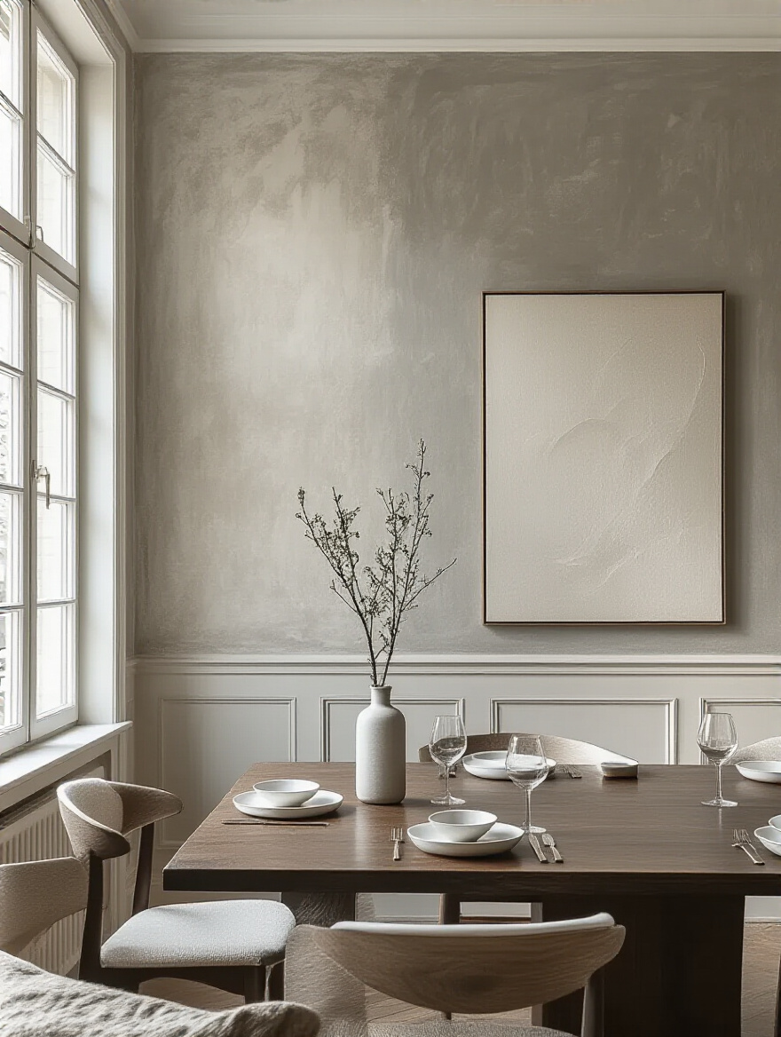 Dining room wall showcasing different paint finishes (matte, eggshell, satin) under natural light, highlighting ambiance impact.