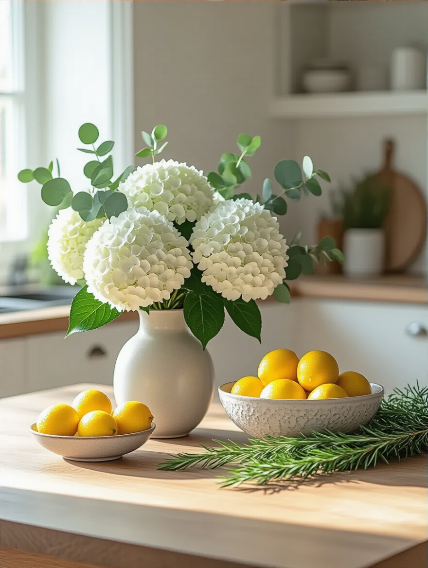Kitchen table centerpiece displaying a comparison: an elegant unscented white hydrangea arrangement next to subtle scented elements like fresh lemons and rosemary, illustrating the choice for optimal functionality.