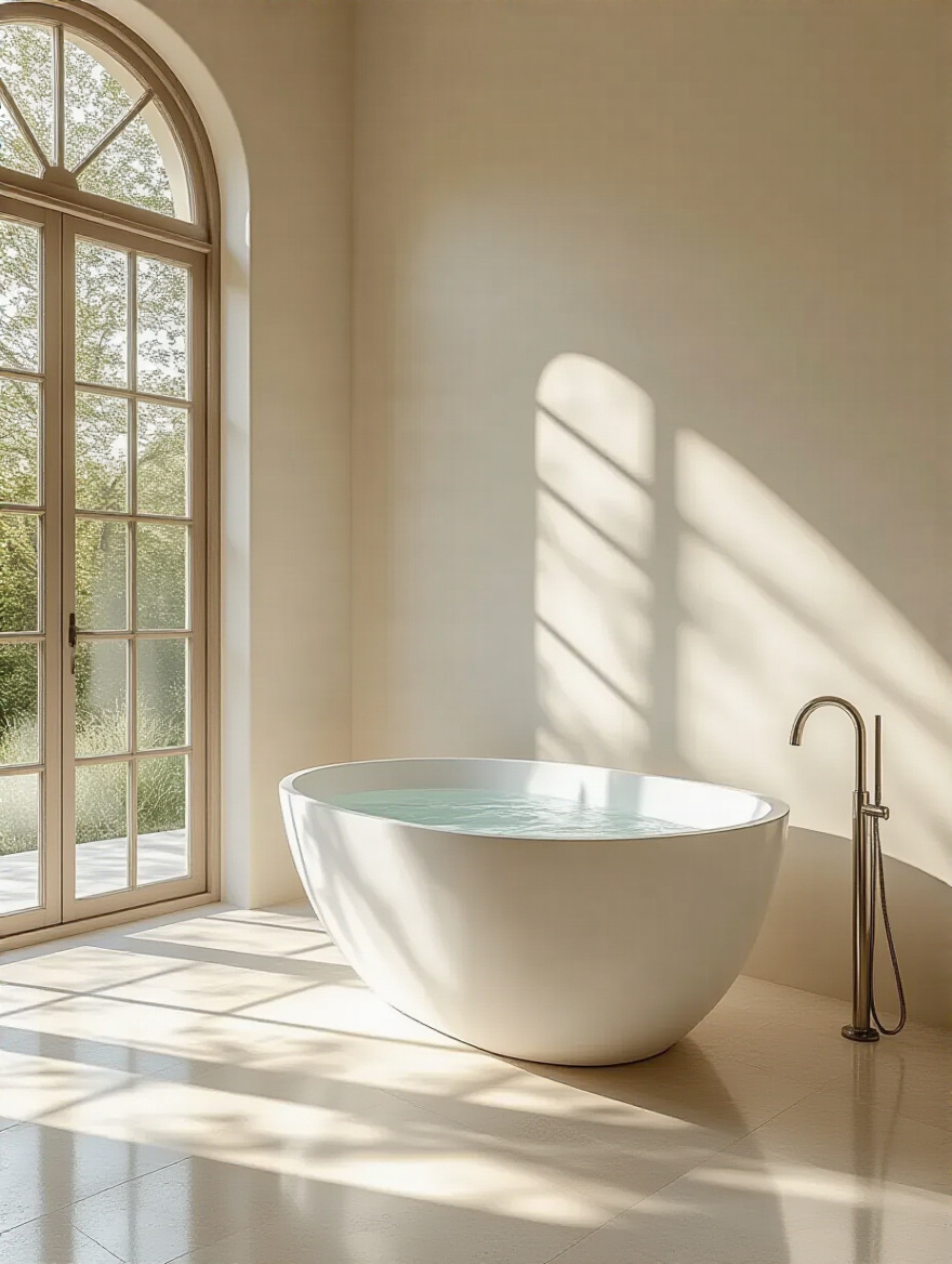 Luxurious coastal bathroom showcasing a large window, diffused natural light, a freestanding tub, and reflective pale stone flooring enhancing brightness and serenity.
