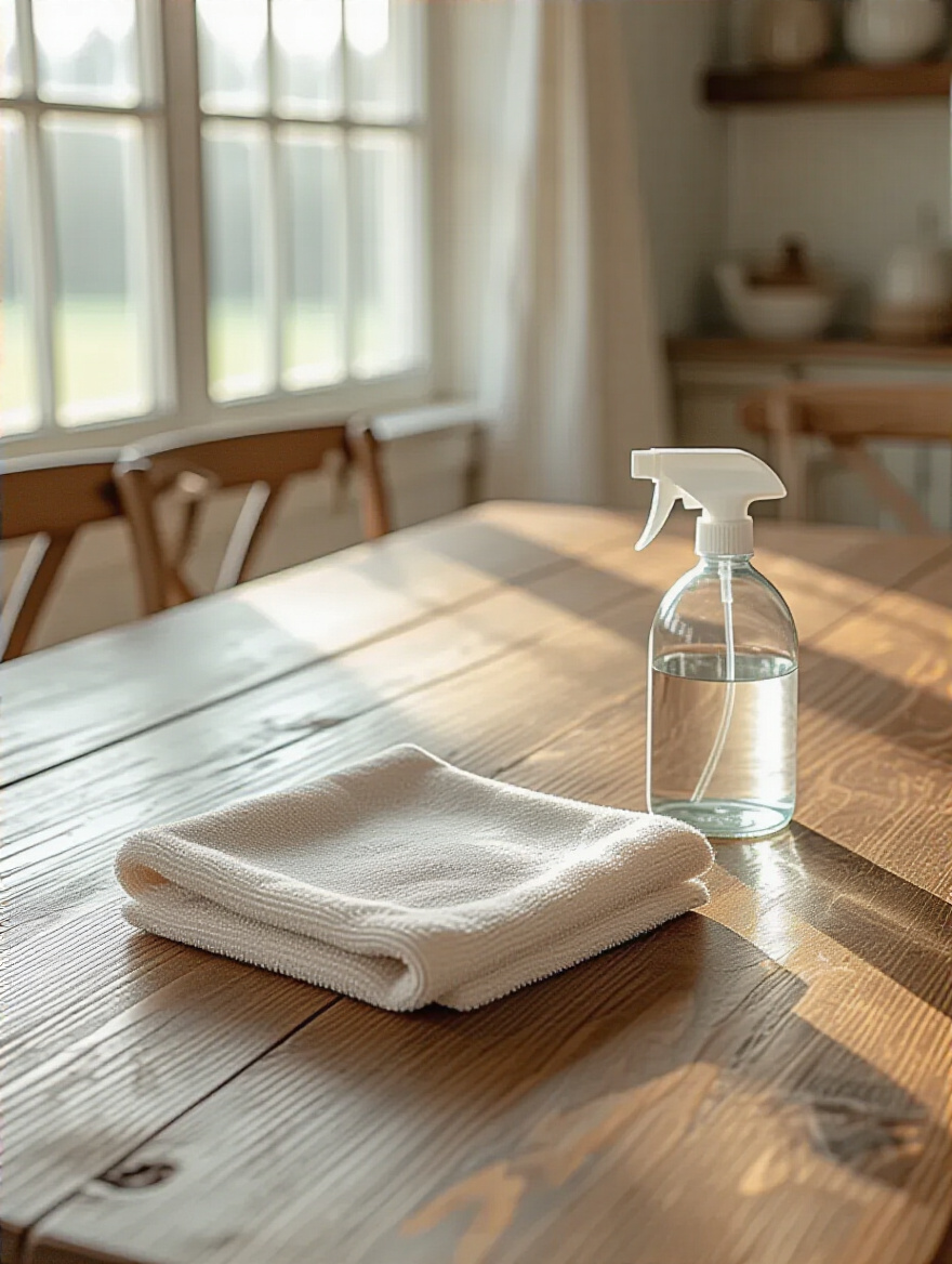 Farmhouse dining table with a microfiber cloth and wood cleaner, illustrating daily cleaning for surface preservation.