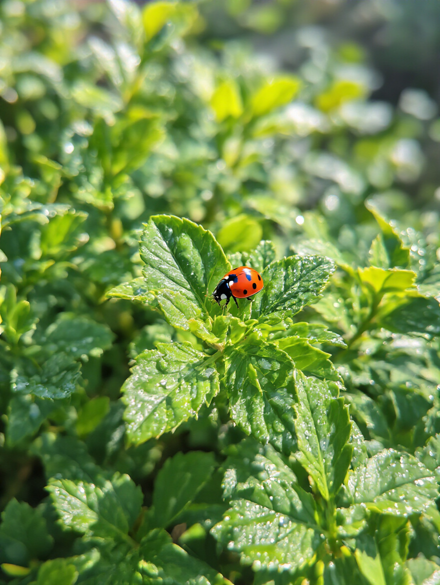 Close-up of a vibrant green shrub leaf with a red ladybug, symbolizing healthy shrubs and natural pest control through Integrated Pest Management.