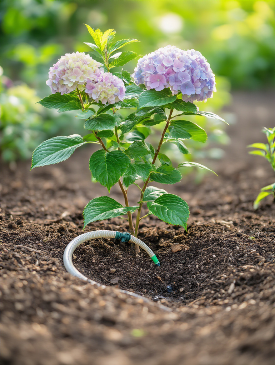A vibrant new shrub receiving strategic deep watering, surrounded by healthy, mulched soil in a well-maintained garden setting, illustrating proper new shrub care for vigor.