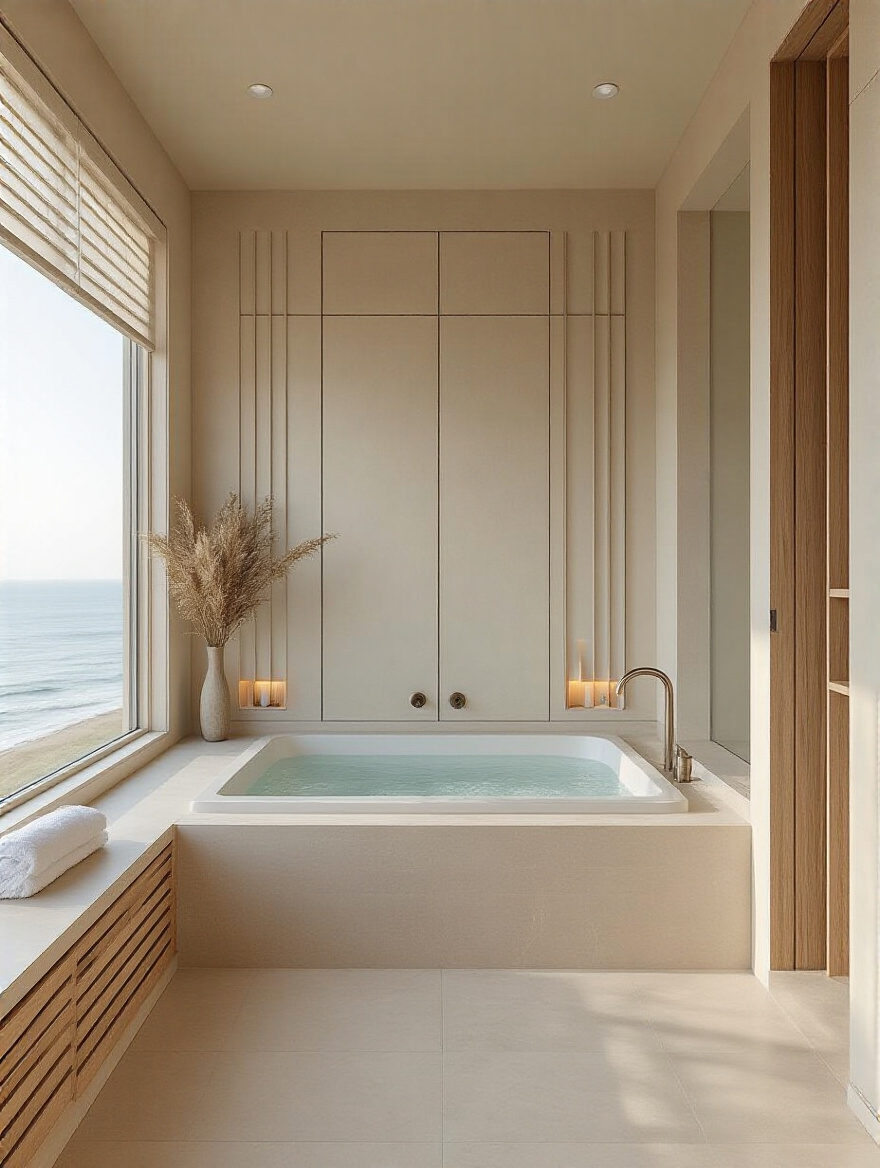 A serene coastal bathroom featuring sophisticated acoustical design with integrated sound-absorbing panels, a large soaking tub, and subtle textured elements, conveying a peaceful and spa-like atmosphere for reverb mitigation.