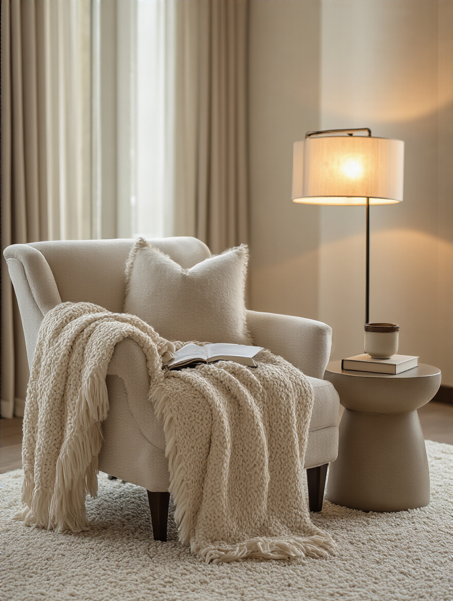 Elegant upholstered armchair in a cozy master bedroom reading nook with natural light, a side table, and a floor lamp.
