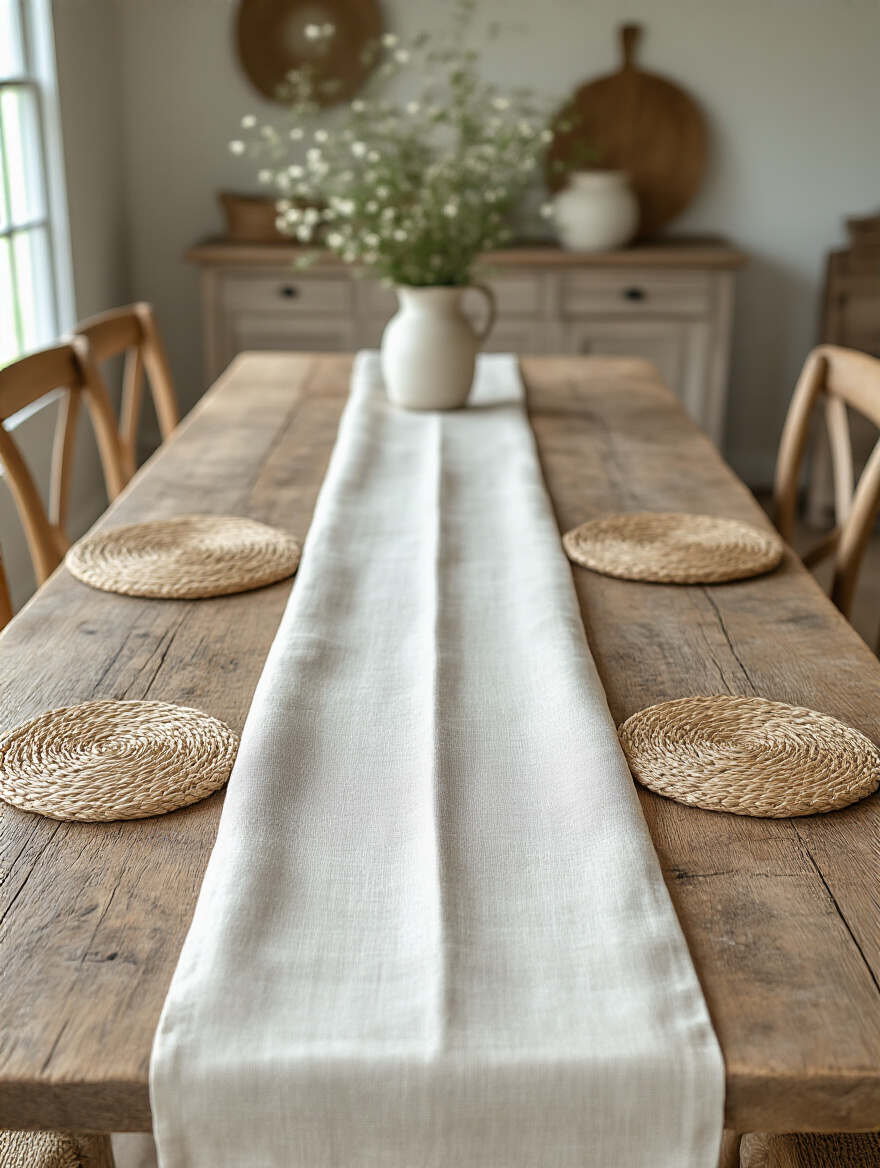 Farmhouse dining table styled with an off-white linen runner and round woven jute placemats, adding warmth and natural texture to the setting.