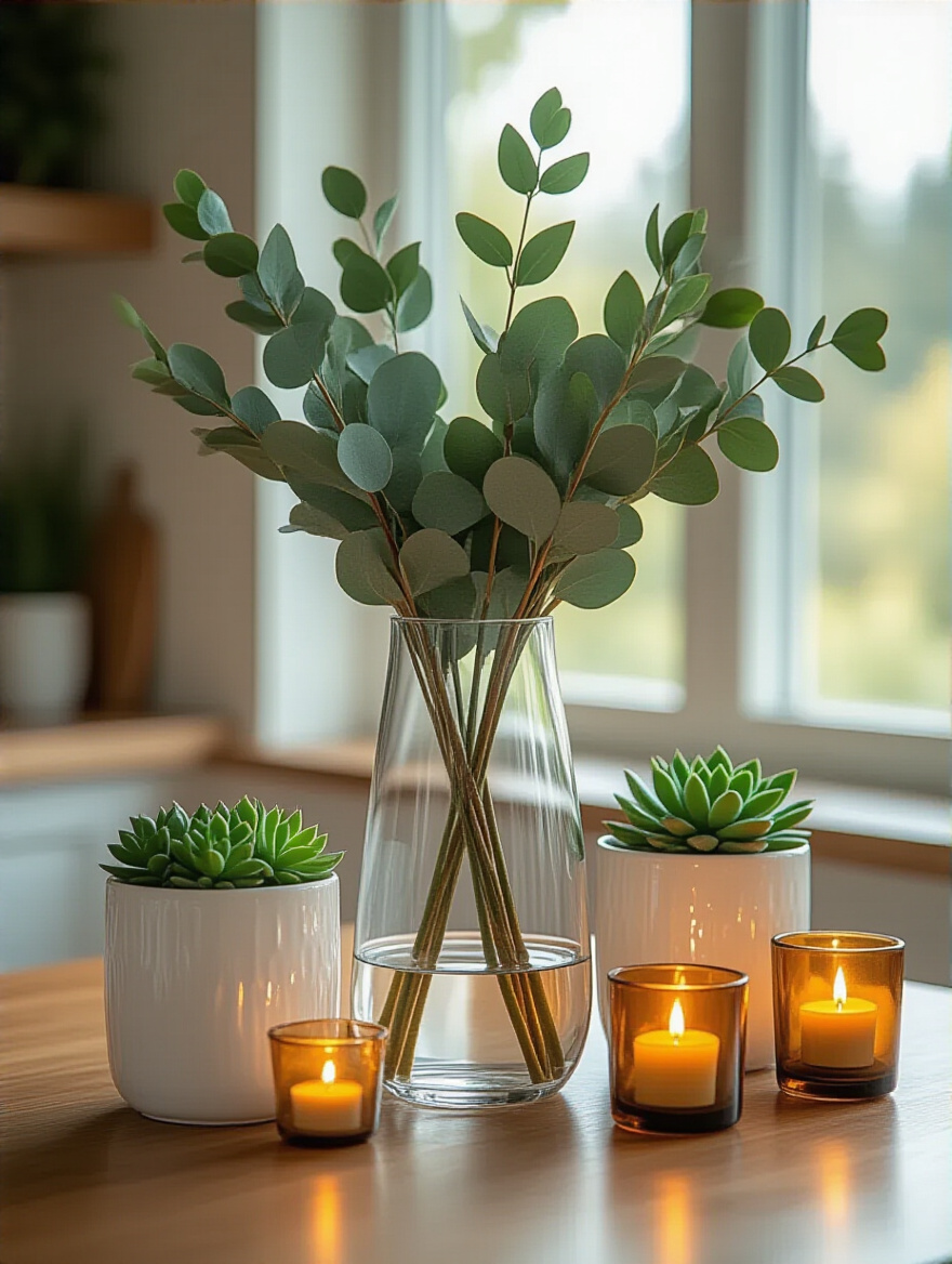 An elegant kitchen table centerpiece featuring a tall vase with greenery, medium-height succulents in ceramic planters, and low votives, demonstrating varied heights for dynamic visual interest.