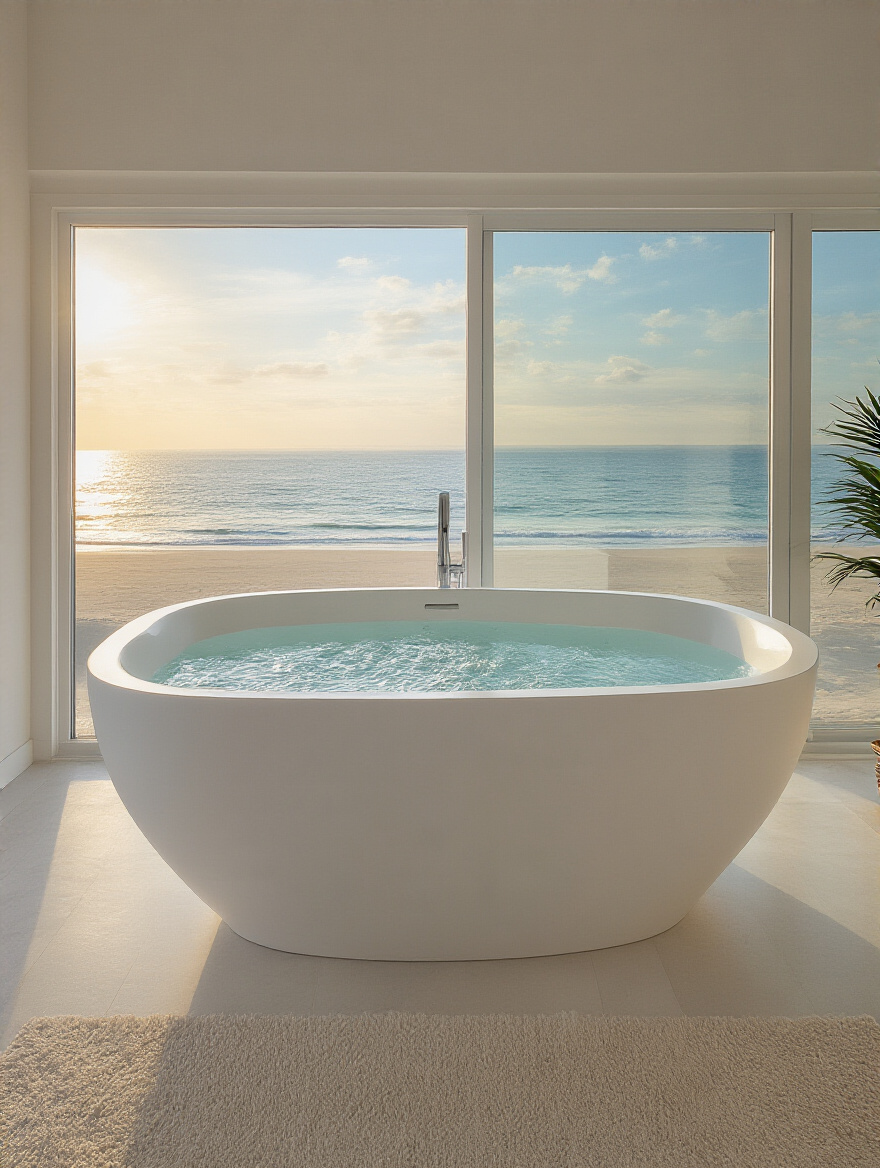 Subtly sculpted matte white freestanding soaking tub in a luxurious coastal bathroom with ocean view, reflecting natural light, designed for hydrotherapy.