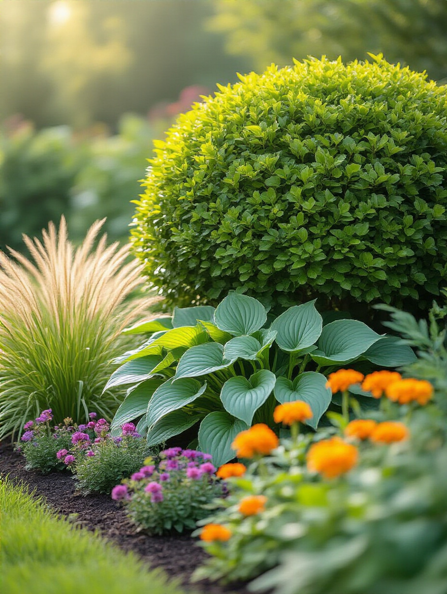 Close-up of a vibrant garden bed showcasing integrated underplantings and companion plants around a central shrub, featuring layered foliage textures, diverse colors, and healthy plant growth under natural lighting.