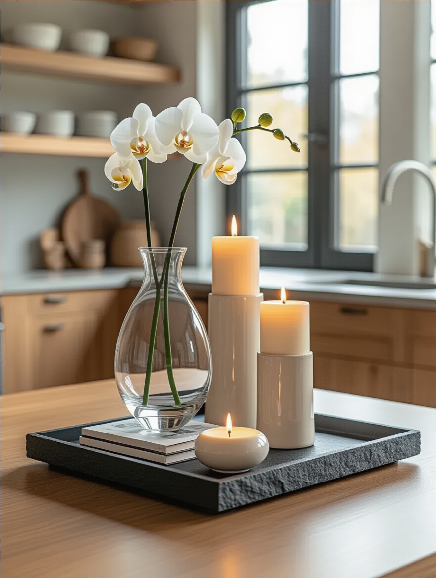 A modern kitchen table centerpiece featuring an orchid, pillar candles, and books neatly arranged on a rectangular matte black decorative tray.
