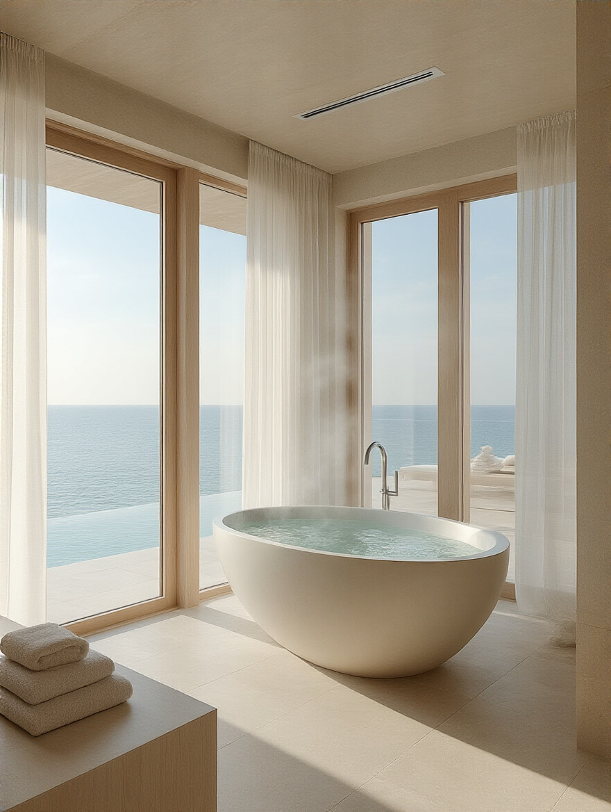 A high-end, minimalist coastal bathroom with integrated smart climate control, featuring a freestanding tub and serene ocean views, emphasizing a perfectly optimized, comfortable atmosphere.