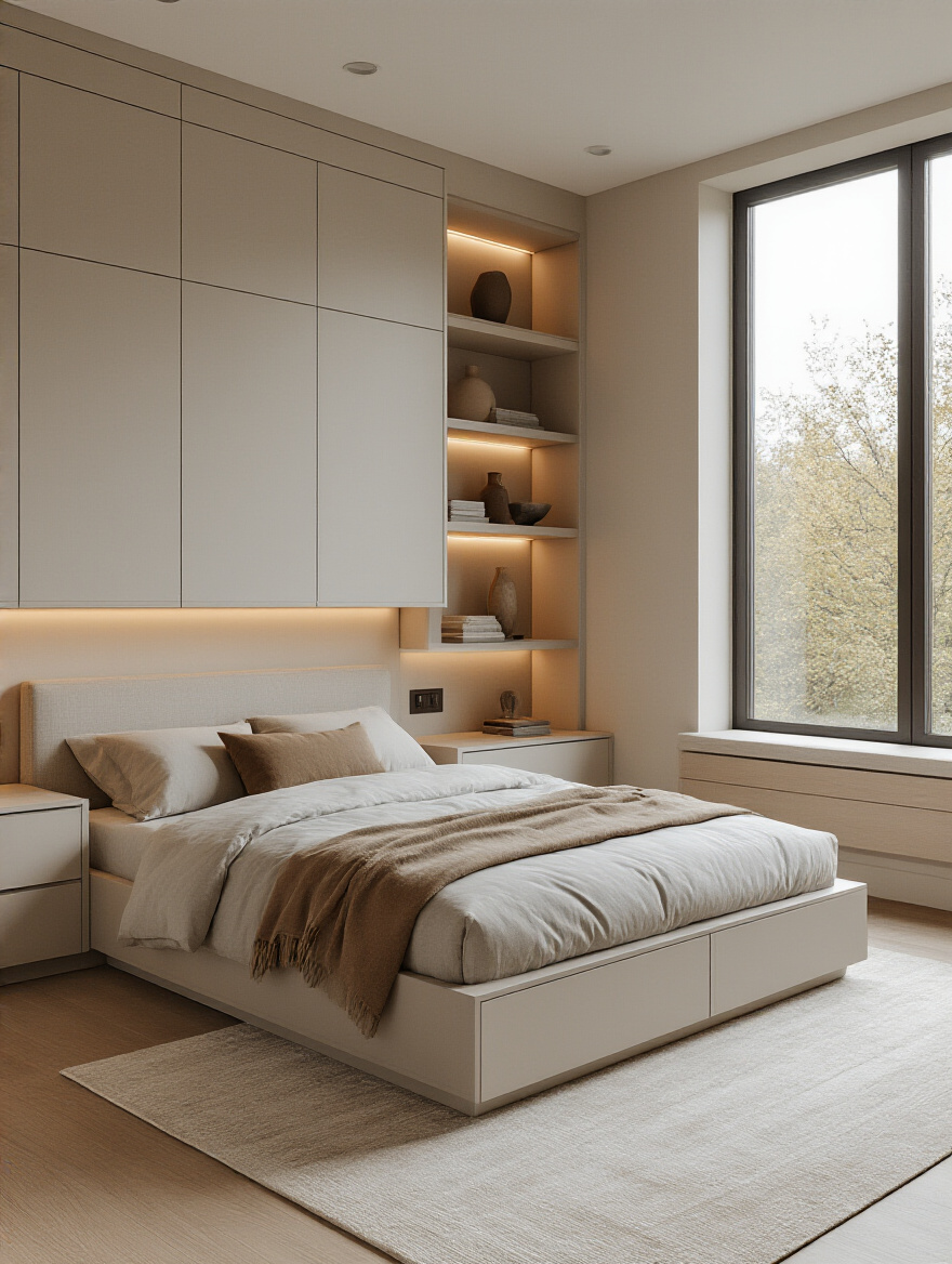 A serene, organized master bedroom featuring custom built-in smart storage, including integrated wardrobes and a bed with hidden drawers, creating a clutter-free and spacious feel.