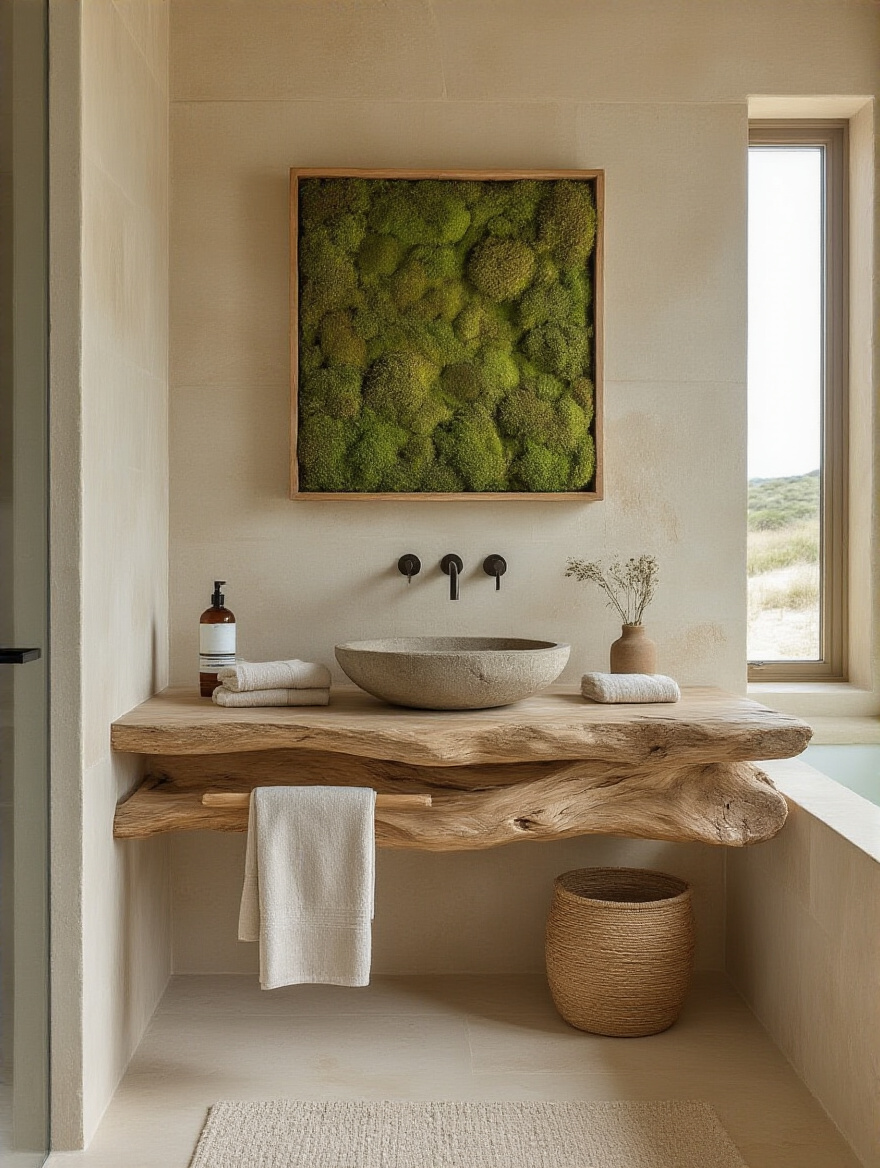 Beach bathroom with honed limestone walls, petrified wood vanity, organic linen towels, and a living moss panel, showcasing tactile biophilic design for grounding.