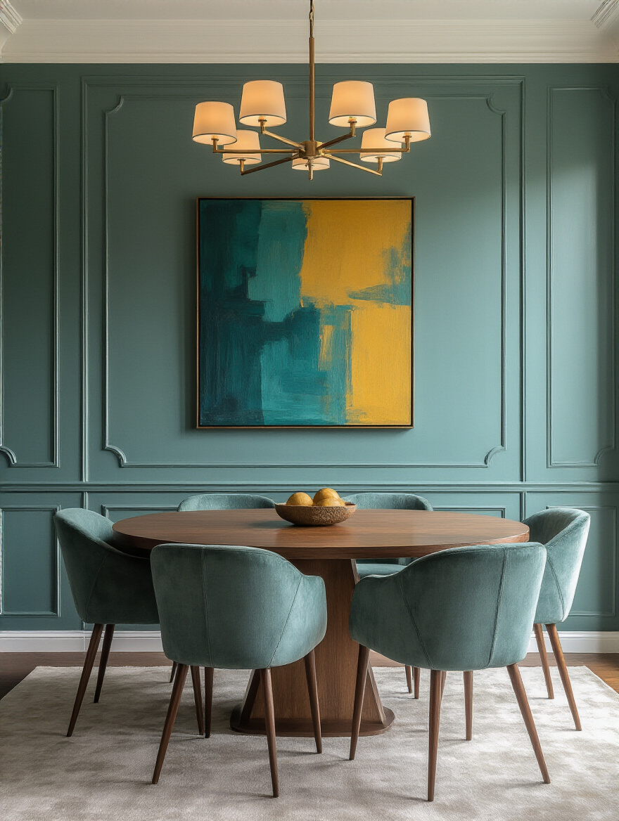 Elegant dining room with a muted teal feature wall complementing an abstract painting with teal and mustard yellow. Wooden dining table with chairs. Shows sophisticated dining room feature wall decor.