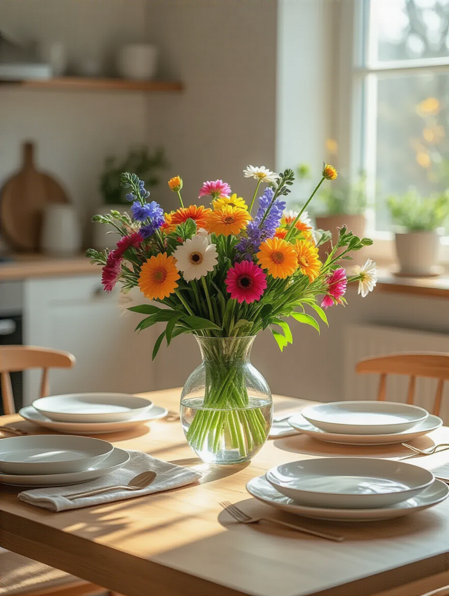 Kitchen table centerpiece with a vibrant bouquet of fresh flowers in a glass vase, natural light, modern kitchen backdrop.