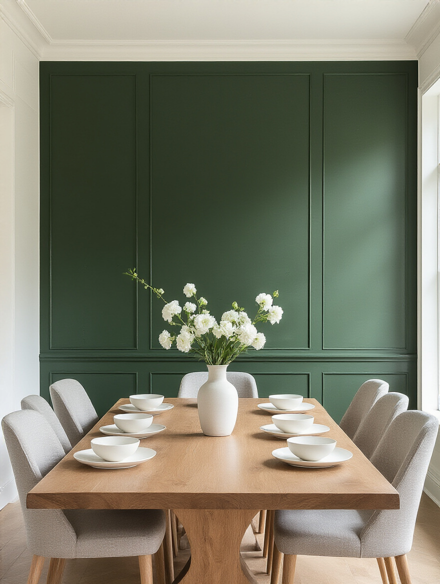 Modern dining room featuring a deep forest green accent wall behind a natural wood dining table and light grey chairs, creating dramatic visual interest and a sophisticated focal point.