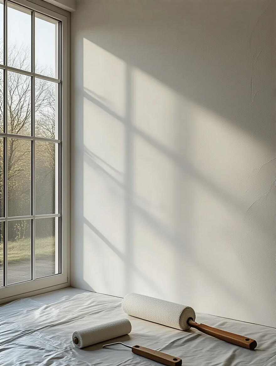 Close-up of a perfectly primed dining room wall section with a professional, even white primer coat, showing a flawless surface ready for paint. A clean paint roller and tray are visible, indicating recent preparation.