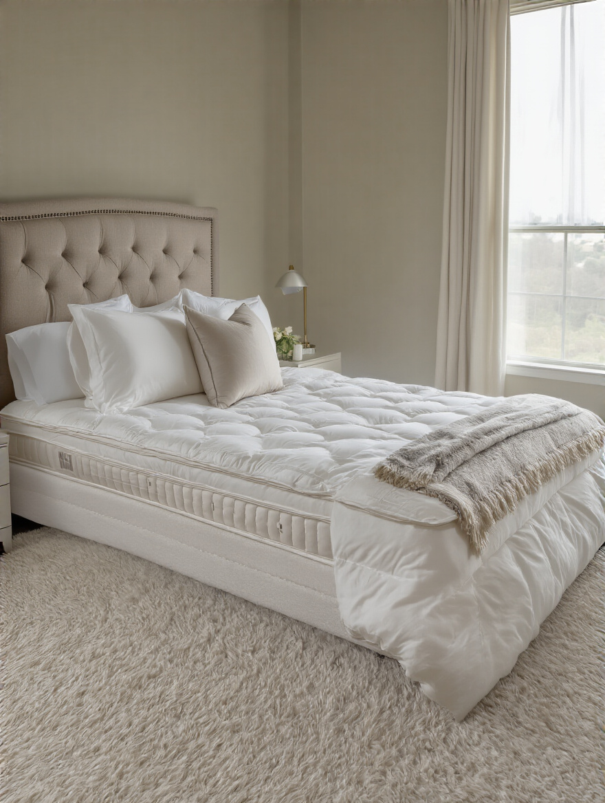 A perfectly made luxury king-size bed with a high-quality mattress, crisp white linens, and an elegant upholstered headboard in a serene master bedroom, illuminated by soft natural light, highlighting ultimate comfort.