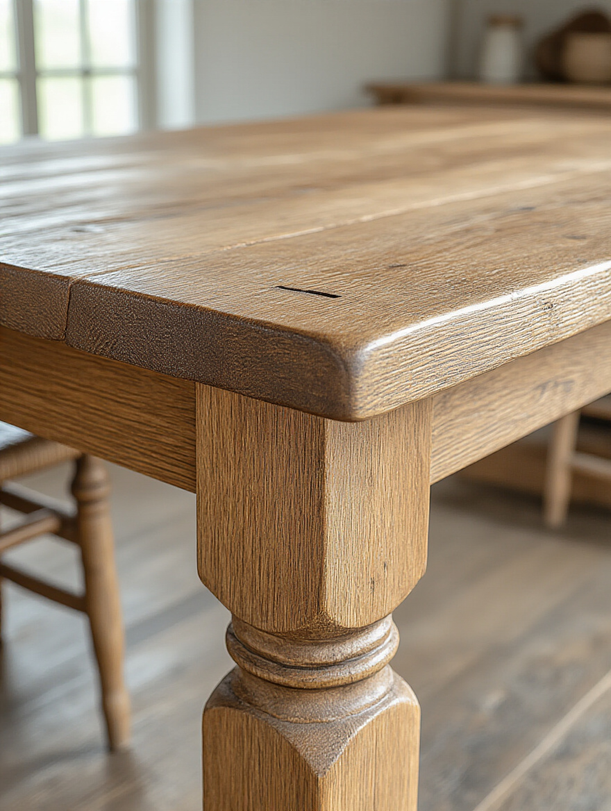 Close-up of a well-crafted farmhouse dining table leg attached with strong joinery, showing solid wood grain and a durable finish.
