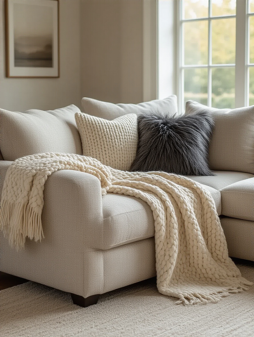 Stylish living room with a neutral fabric sectional couch expertly styled with three layered throw blankets of varying textures and patterns, showcasing cozy appeal and visual depth.