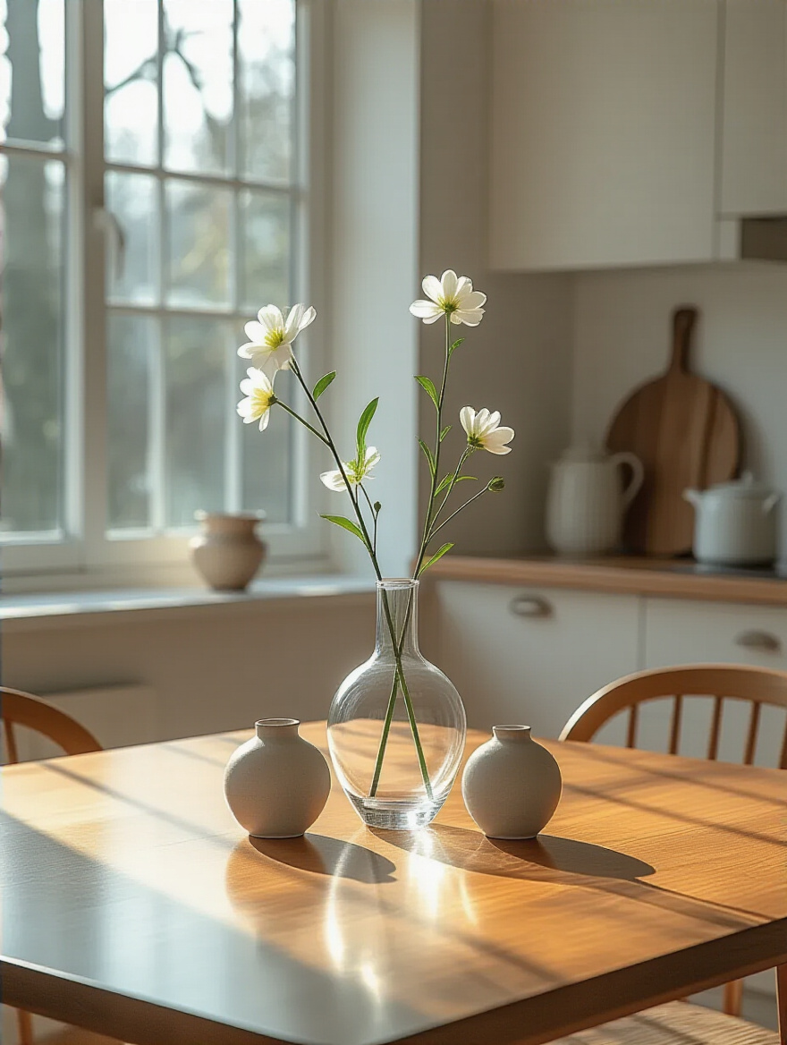 Elegant and decluttered kitchen table centerpiece with ample space, showcasing tasteful minimal decor. Ideal for decluttering table centerpieces.