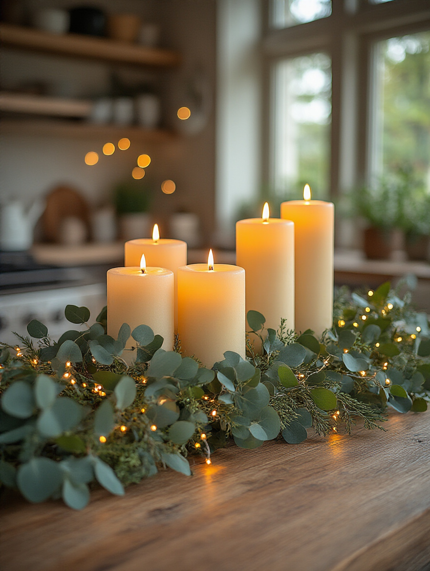 Kitchen table centerpiece with warm-glowing flameless LED candles and woven fairy lights among greenery, creating a cozy and inviting ambiance.