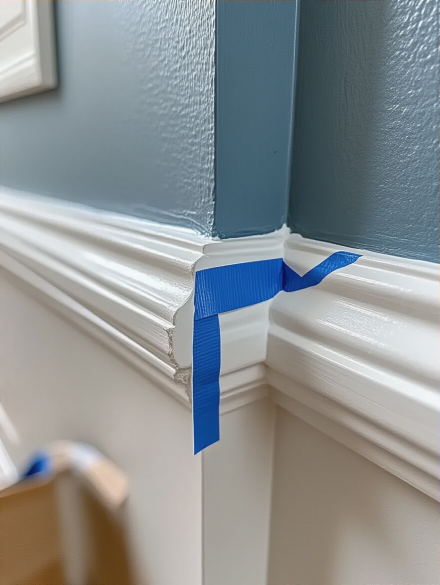 A professional close-up shot of blue painter's tape perfectly applied along a neutral dining room wall and white trim, ready for painting to achieve crisp lines and emphasizing effective dining room paint taping techniques.