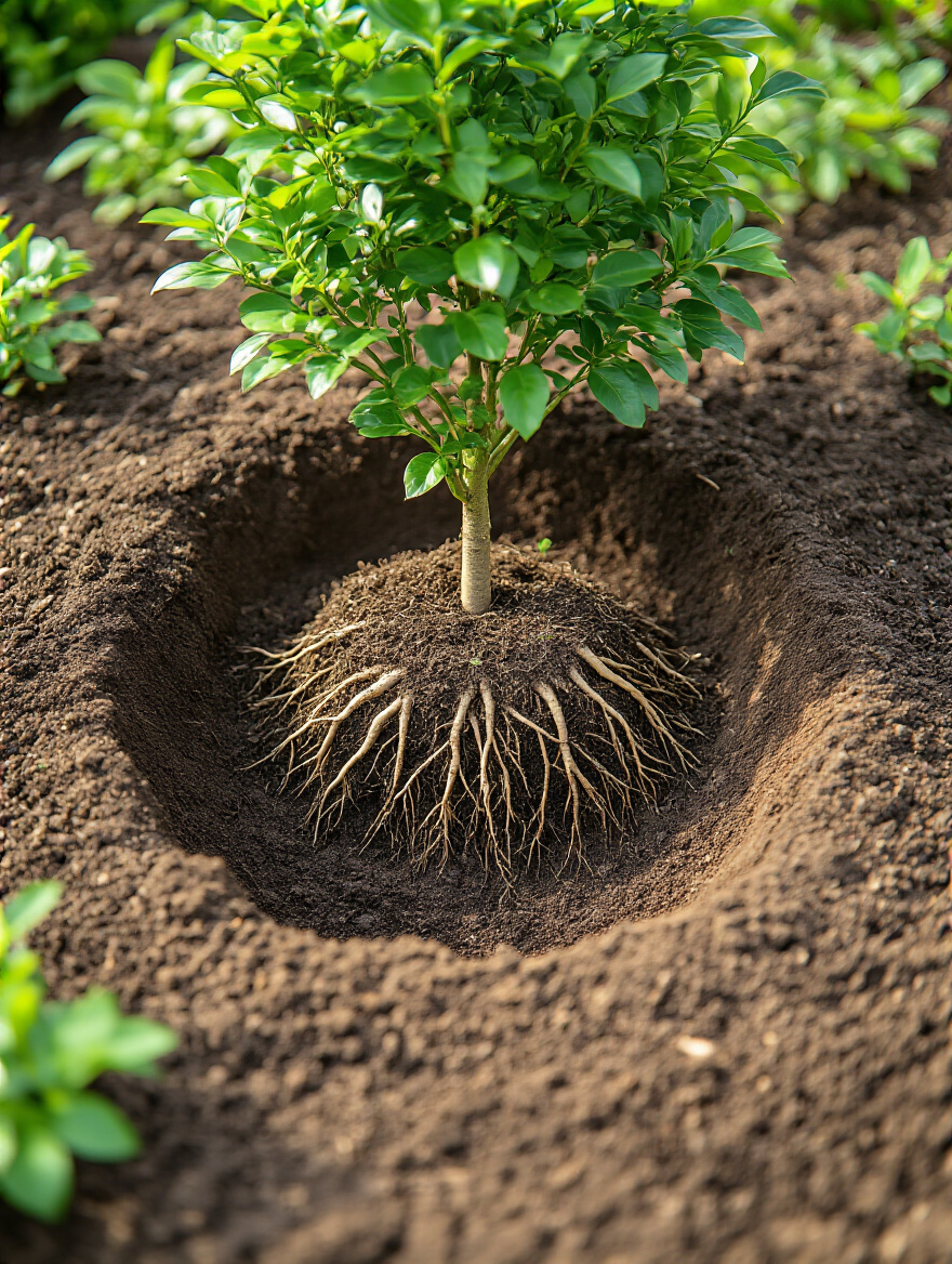 A properly dug wide and shallow planting hole with a shrub's root ball correctly positioned, demonstrating essential shrub planting techniques for robust root establishment.