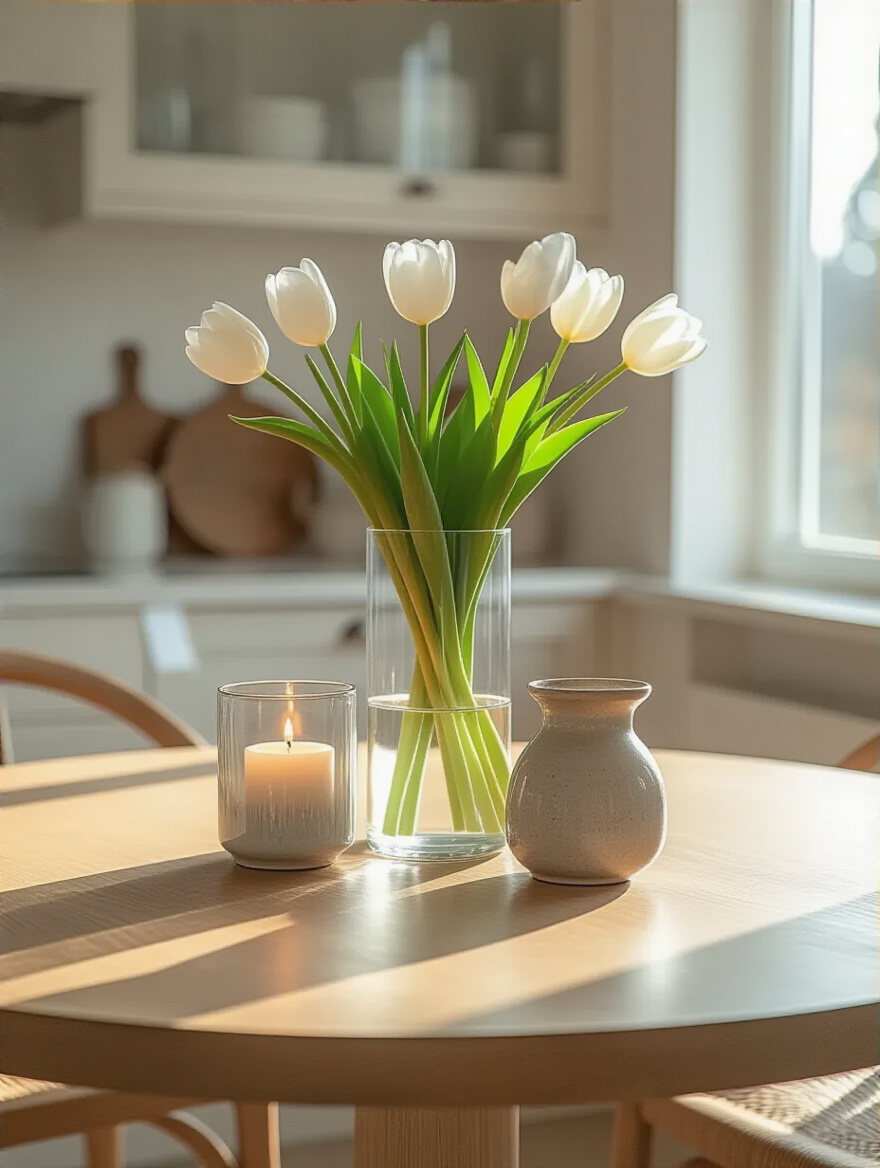 A kitchen table centerpiece demonstrating odd number grouping, featuring a tall vase with white tulips flanked by two ceramic candle holders on a light wood table.