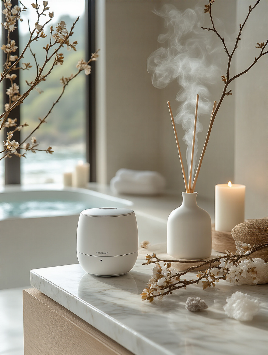 A discreet cold-air diffuser emitting a subtle mist on a marble vanity in a serene, luxurious coastal bathroom, surrounded by hinoki wood and sea botanicals, enhancing the scented bathroom oasis.