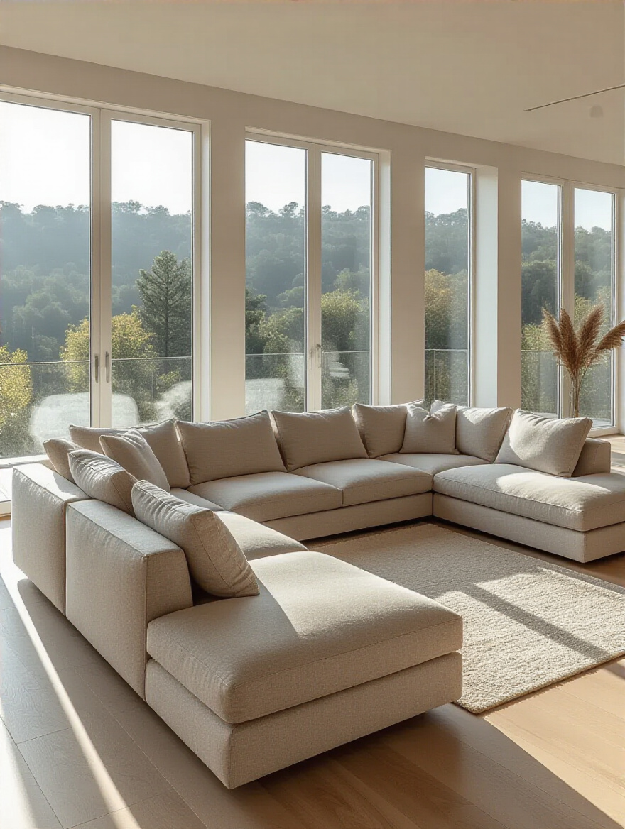 Strategically placed L-shaped sectional in a modern living room, illustrating optimal couch placement away from walls, facing a large window, defining conversational zone, no people.