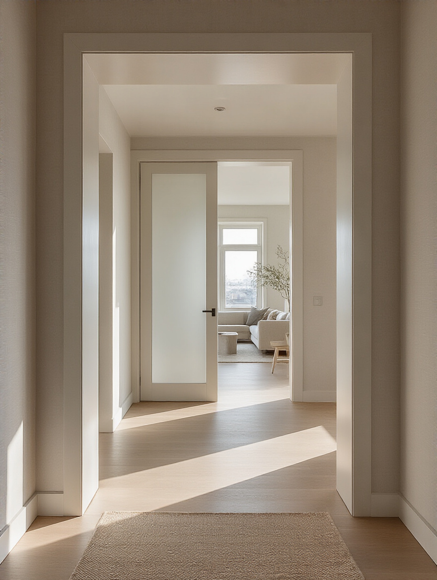 Image of a modern entryway and hallway, meticulously prepared for a large furniture delivery, illustrating the importance of Measuring for Furniture Delivery.