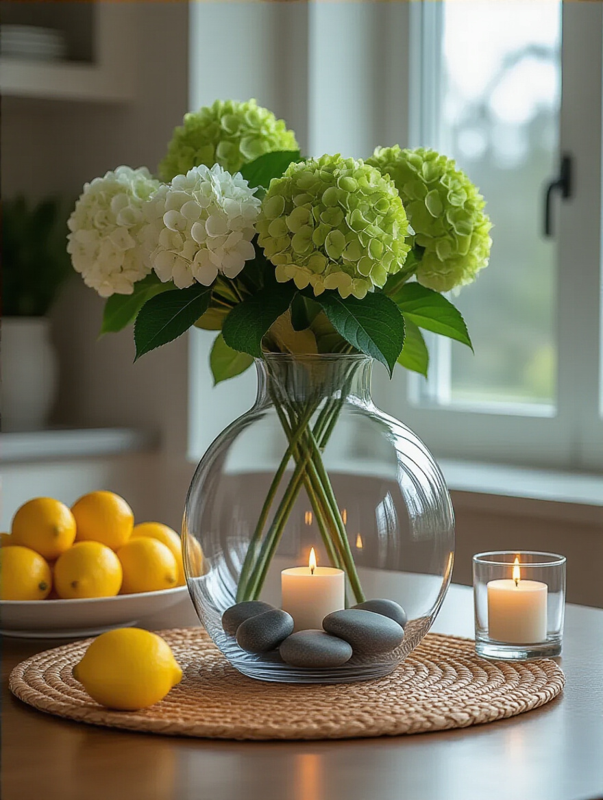 A modern kitchen table featuring a neutral centerpiece base, with elements for two distinct themes (lemons/hydrangeas and floating candles/stones) arranged nearby, illustrating how quick centerpiece swaps optimize decor for various occasions.