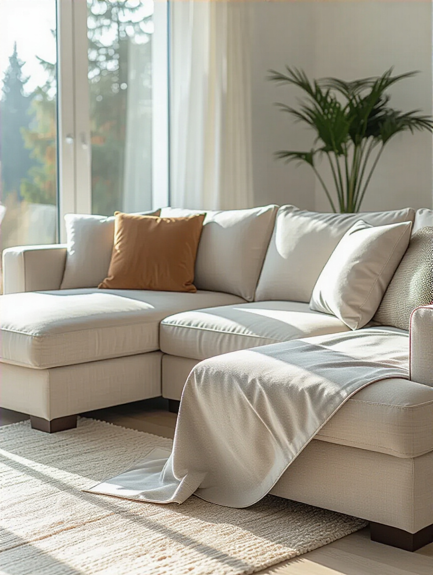 Living room seating arrangement with optimized layered lighting, including an arc floor lamp, table lamps, and concealed LED strips for ambient and task illumination, no people.