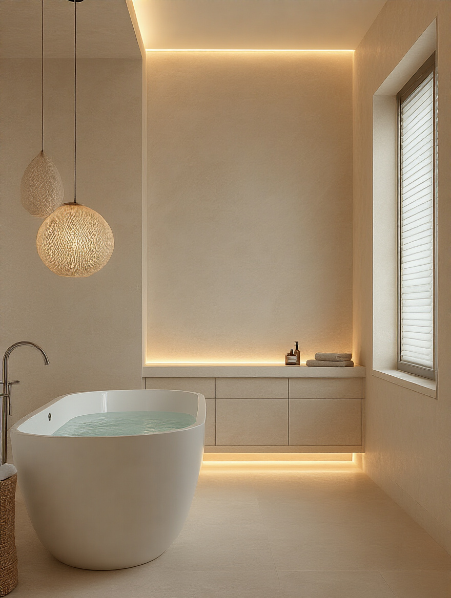A luxurious coastal bathroom with sophisticated multi-tiered lighting, featuring hidden LEDs, accent lights, and a soft glow from coves, creating a serene and expansive spa-like ambiance.