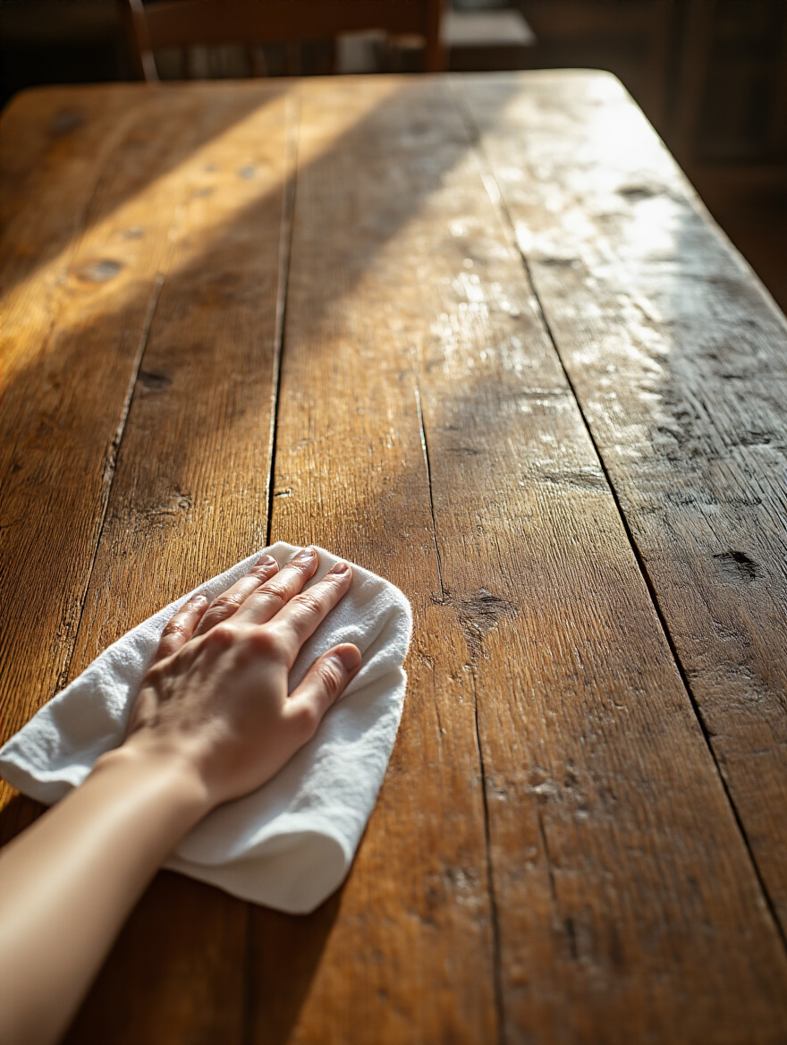 Close-up of a hand deep cleaning or re-oiling an oiled farmhouse dining table to restore its luster and beauty.