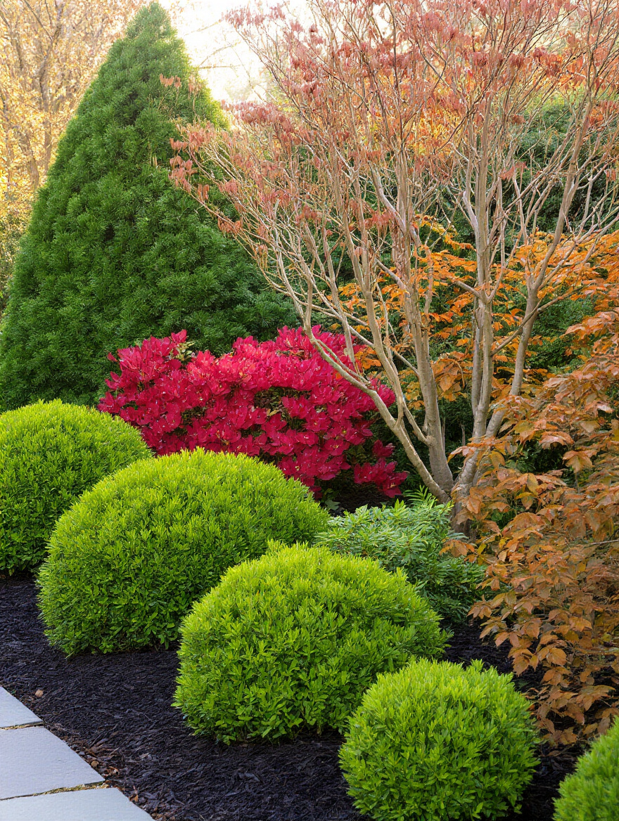 A vibrant garden bed showcasing a thoughtful mix of evergreen and deciduous shrubs, providing continuous visual interest through changing seasons. The evergreens offer steady green structure, while deciduous plants display colorful fall leaves, set against a backdrop of natural landscaping.