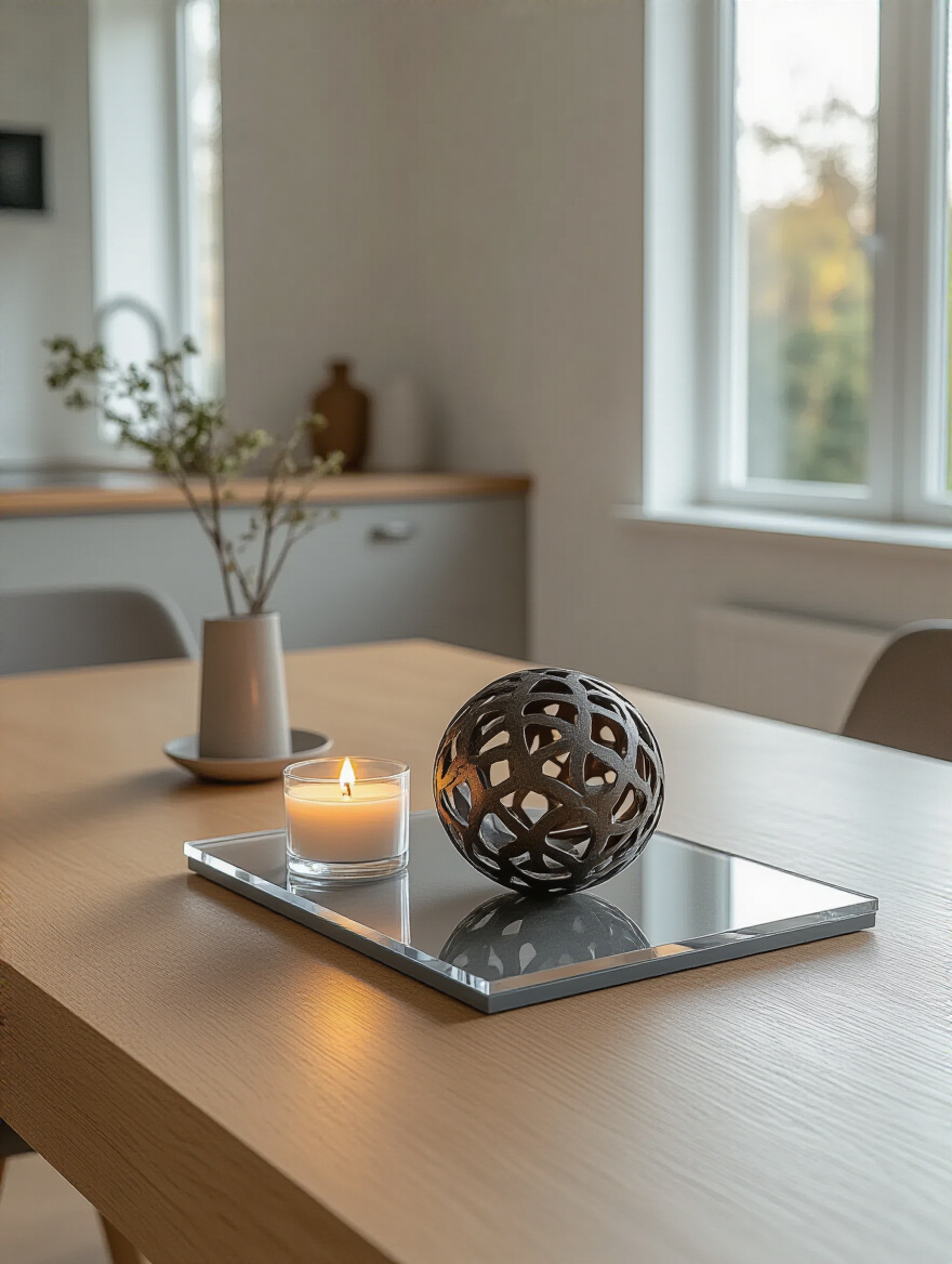 Kitchen table with centerpiece on felt pad and hot candle on heat-resistant trivet, demonstrating surface protection.