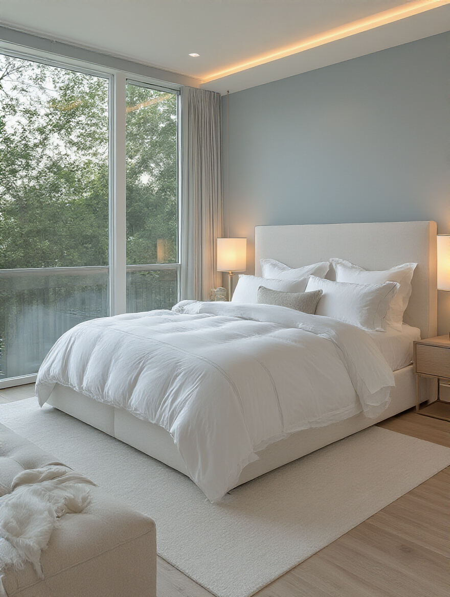 Luxurious master bedroom designed for optimal comfort and ergonomic flow, featuring a plush bed, ample circulation space, and soft layered lighting, enhancing tranquility and ease of movement.