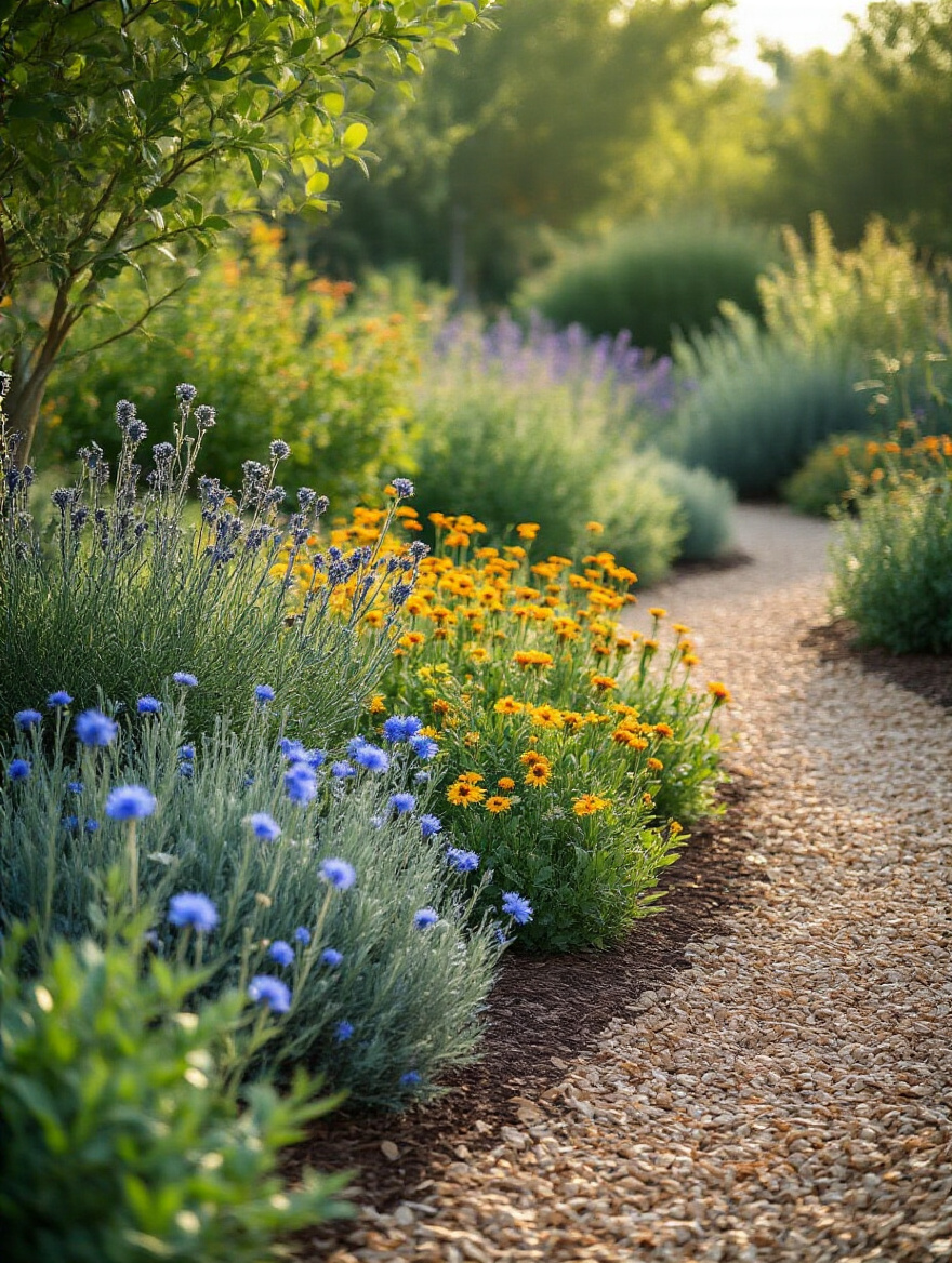 A beautiful, lush landscape filled with various drought-tolerant shrubs and plants, designed for water conservation, bathed in natural sunlight.