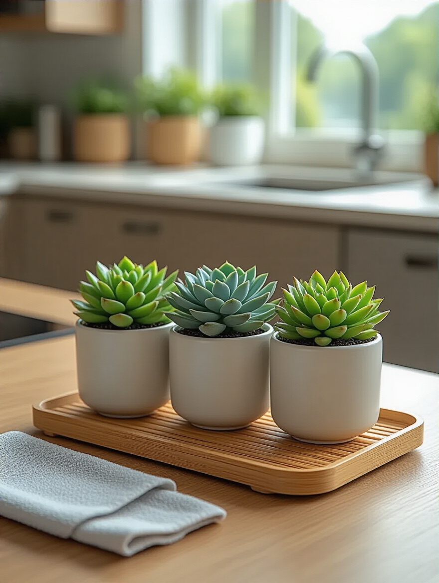 Practical kitchen centerpiece on a bamboo tray with ceramic pots and artificial succulents, designed for easy cleaning and movement on a kitchen island.