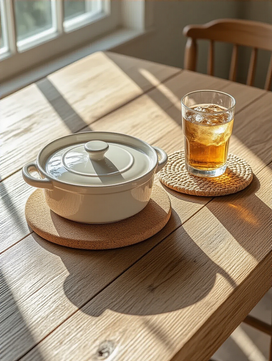 Rustic farmhouse dining table with a hot casserole dish on a cork trivet and an iced drink on a coaster, showcasing wood finish protection.